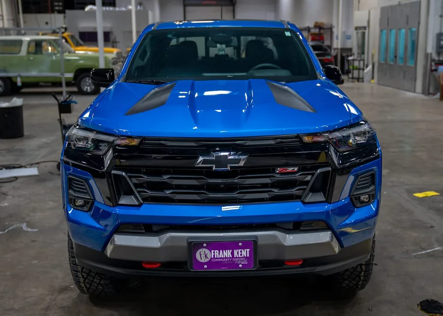 Gloss blue color change wrap on a Chevrolet truck, front view — BSG Wraps, Fort Worth, TX
