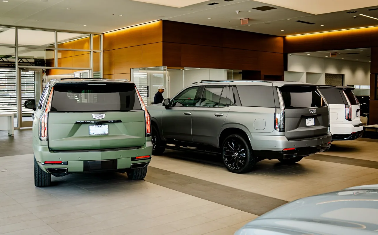 Rear view of color-matched Cadillac Escalade lineup wrapped by BSG Wraps at dealership showroom